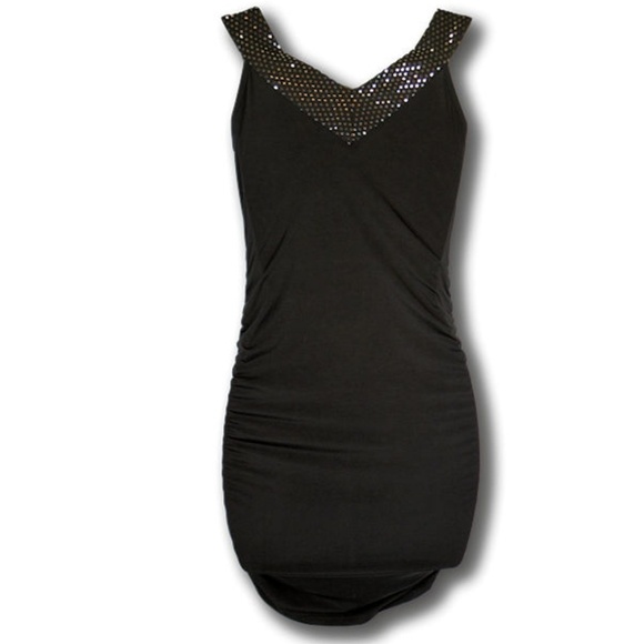 Wet Seal Black Bodycon Dress  Sequin Accent Evening Cocktail Neck M - Picture 1 of 3
